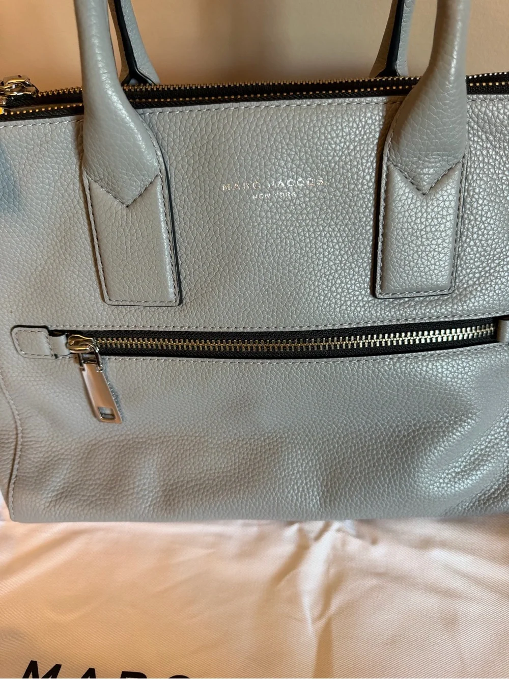 Marc Jacobs Light Gray Pebbled Leather Satchel with Striped Strap